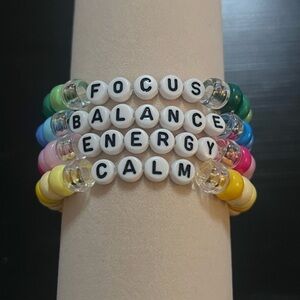 Set of 4 Word Bead Stretch Bracelets Focus Balance Energy Calm